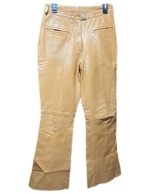 Y2K Lebaz Flared Leather Pants Trousers Camel Boho 10X31 Bell Bottoms High Rise